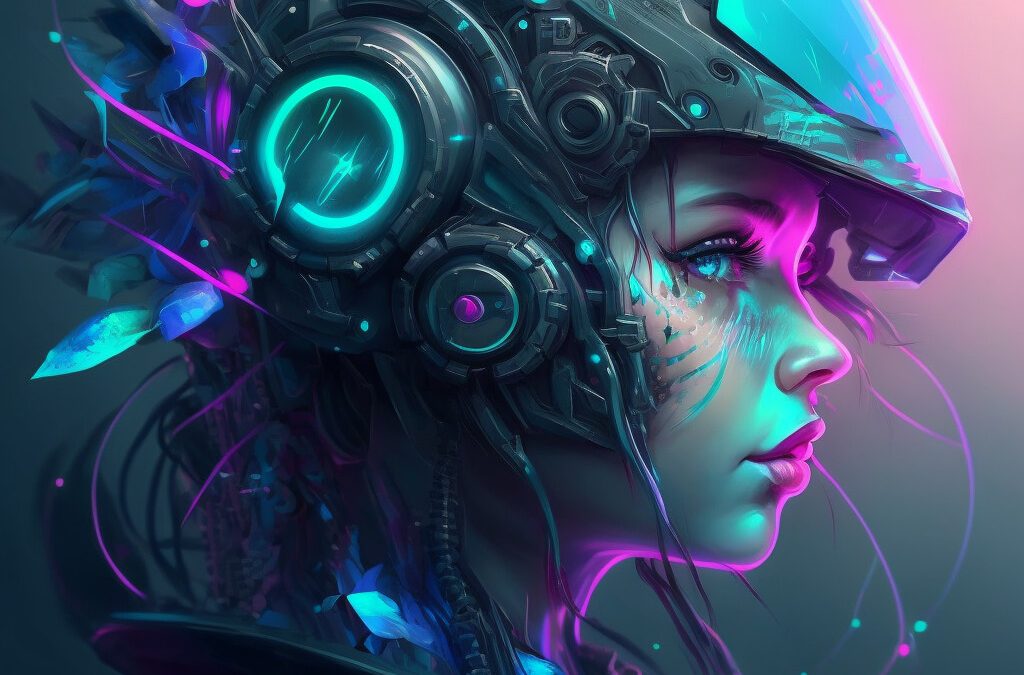 Figura humanoide futurista con casco tecnológico, componentes mecánicos y luces de neón turquesa y magenta.