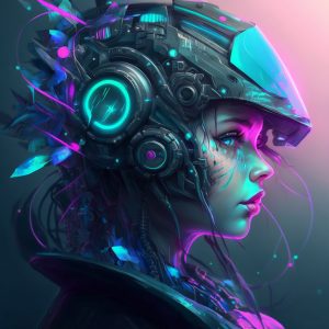 Figura humanoide futurista con casco tecnológico, componentes mecánicos y luces de neón turquesa y magenta.