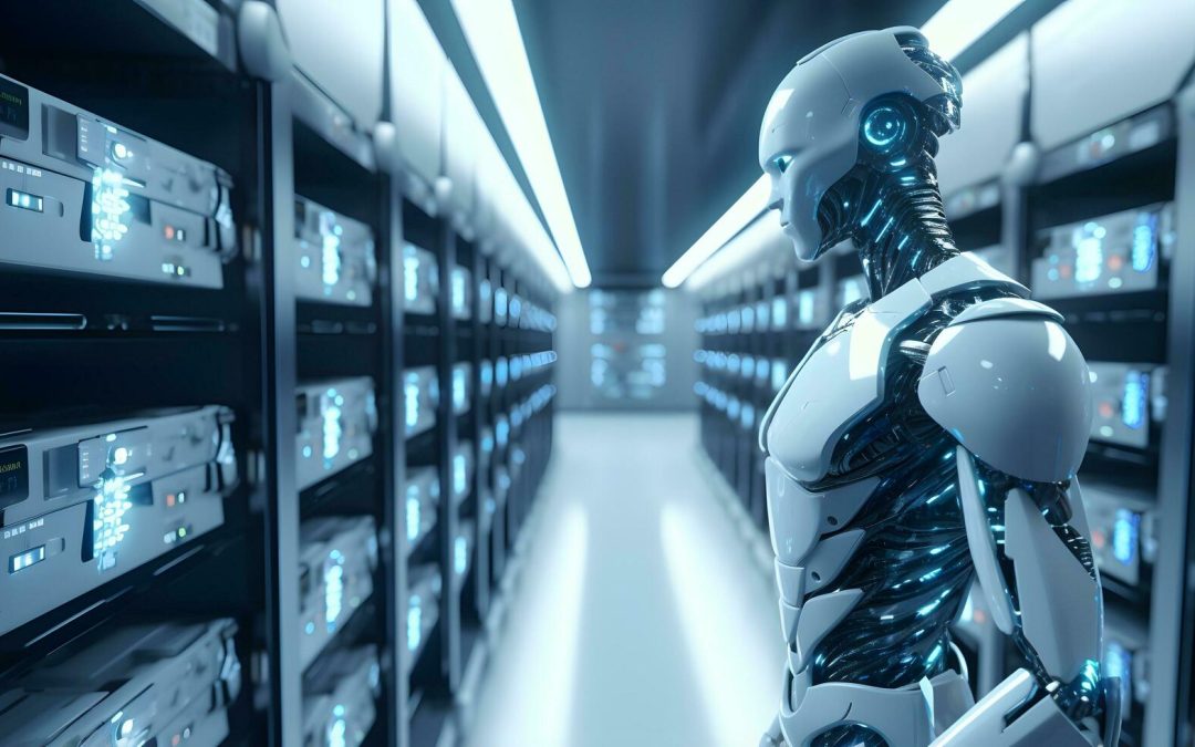 Robot humanoide con inteligencia artificial en un centro de datos tecnológico.