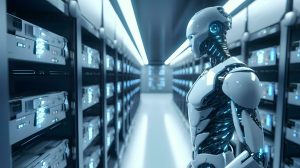 Robot humanoide con inteligencia artificial en un centro de datos tecnológico.