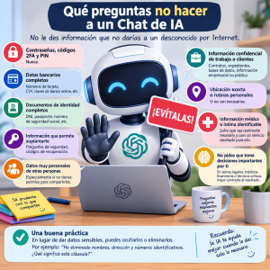 Infografía con un robot de inteligencia artificial que muestra qué información sensible no se debe compartir con un chat de IA, como contraseñas, datos bancarios, documentos de identidad y datos personales.