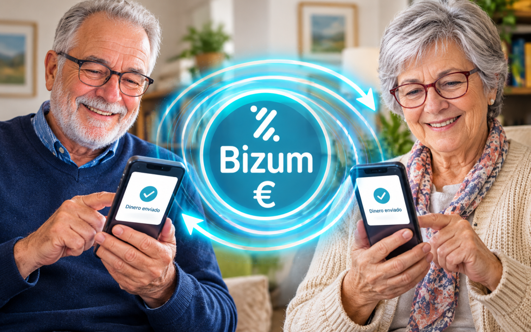 Dos personas mayores sonríen mientras utilizan sus teléfonos móviles para enviarse dinero por Bizum, representado mediante una espiral luminosa con el símbolo del euro.