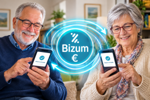 Dos personas mayores sonríen mientras utilizan sus teléfonos móviles para enviarse dinero por Bizum, representado mediante una espiral luminosa con el símbolo del euro.