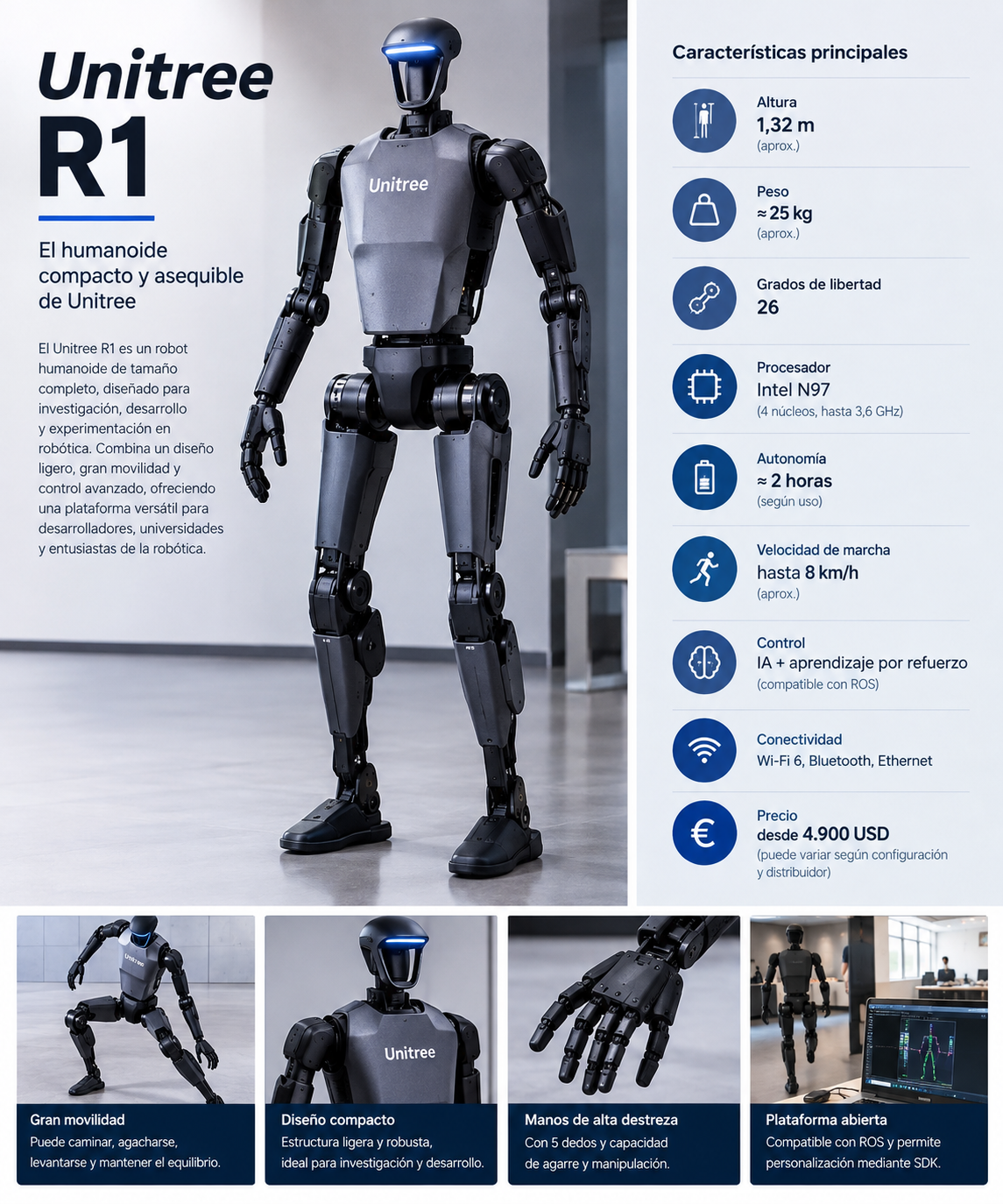 Robot humanoide Unitree R1 de color negro y gris, mostrado de cuerpo entero junto a una ficha con sus principales características técnicas.