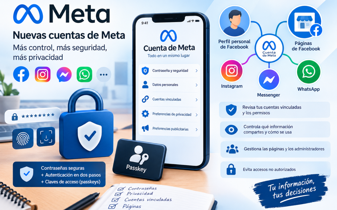 Infografía sobre la seguridad y privacidad de las nuevas cuentas de Meta, con contraseñas seguras, autenticación en dos pasos, claves de acceso y vinculación de Facebook, Instagram, Messenger y WhatsApp.
