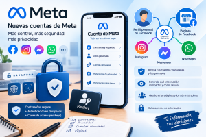 Infografía sobre la seguridad y privacidad de las nuevas cuentas de Meta, con contraseñas seguras, autenticación en dos pasos, claves de acceso y vinculación de Facebook, Instagram, Messenger y WhatsApp.